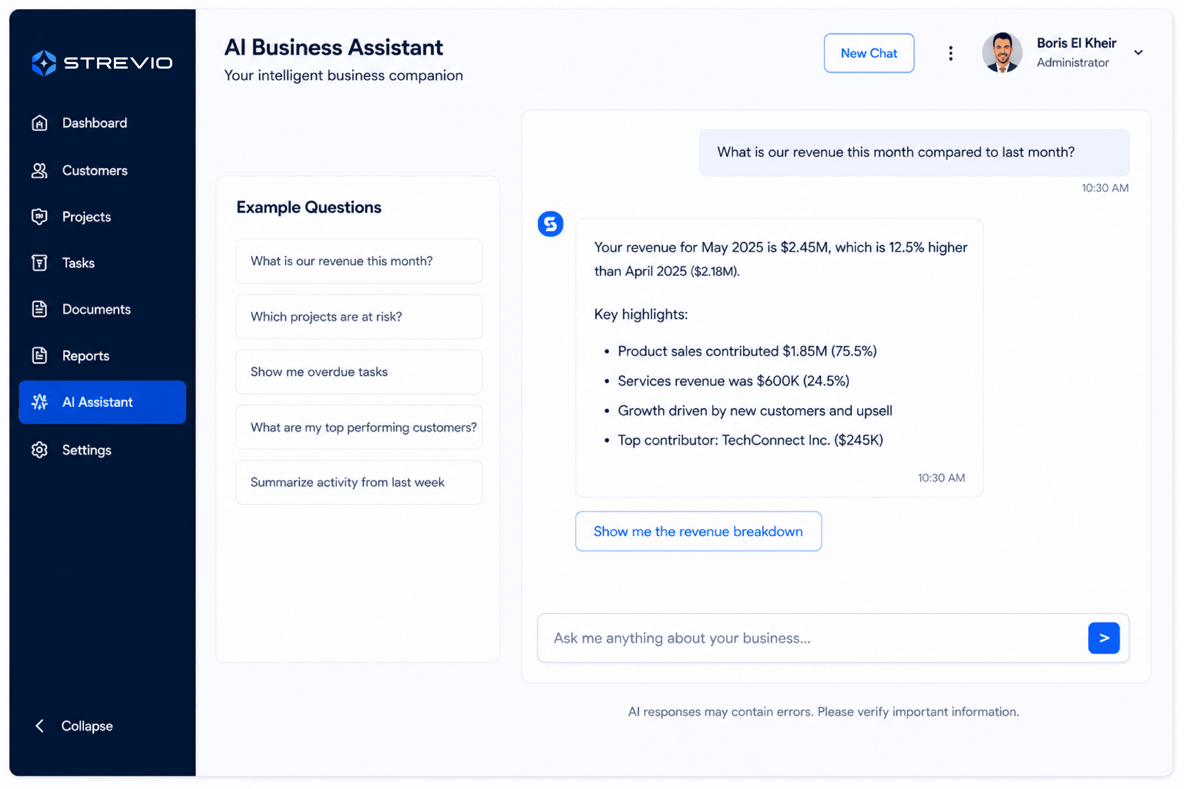 STREVIO AI Business Assistant answering an operational question